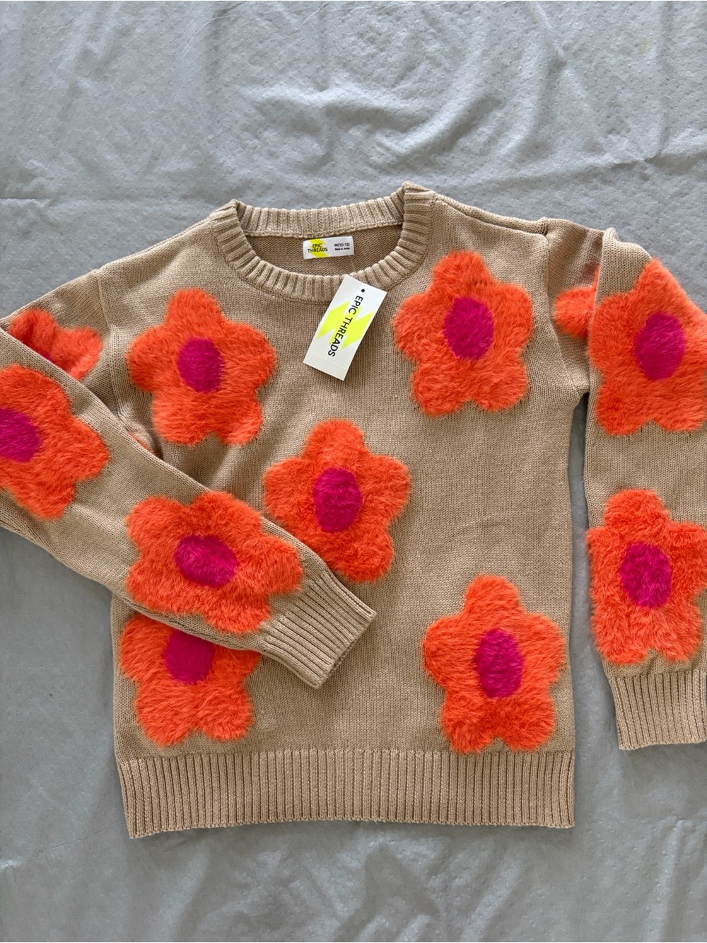 Epic Threads Beige Sweater with Orange & Pink Fuzzy Flower Appliqués